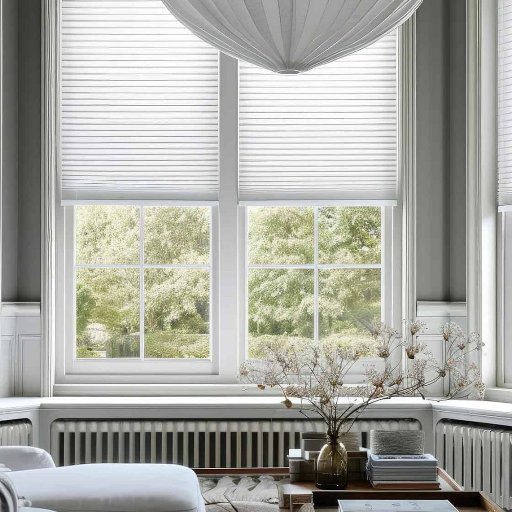 Extra large pleated blinds in white, featuring a 50mm fold, showcased in the window opening. Contemporary top down bottom up privacy shades for apartment windows.